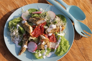 Salade met gezonde krokante kipreepjes en radijs