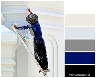 Kleurpalet met donkerblauw, zwart, grijs en wit.