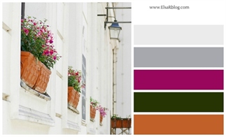 Kleurenpalet met oranje, donker groen en fuchsia